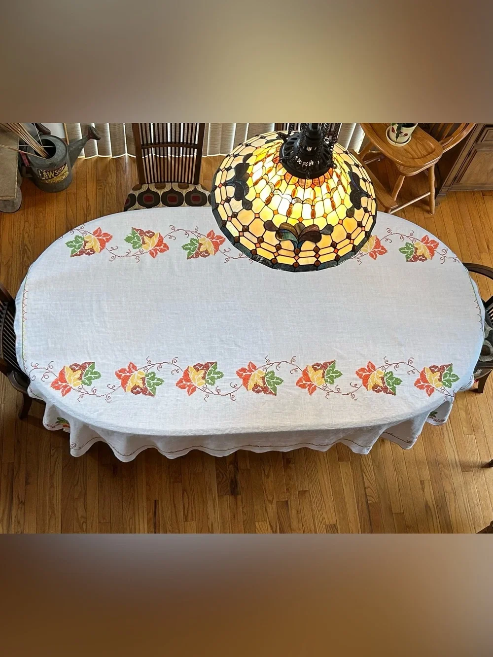 Vintage Linen Hand-Cross Stitched Tablecloth, Scalloped, Autumn Leaves,  82-67